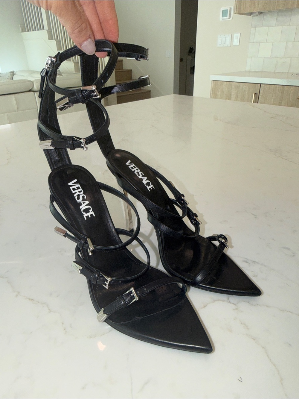 Versace Black Multi-Strap Pointed Toe Stiletto Sandals